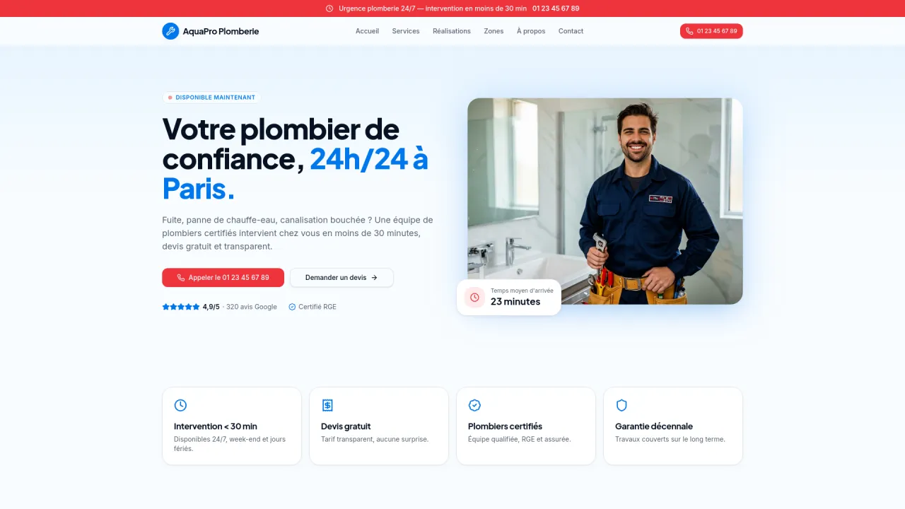 Page d'accueil du site AquaPro Plomberie